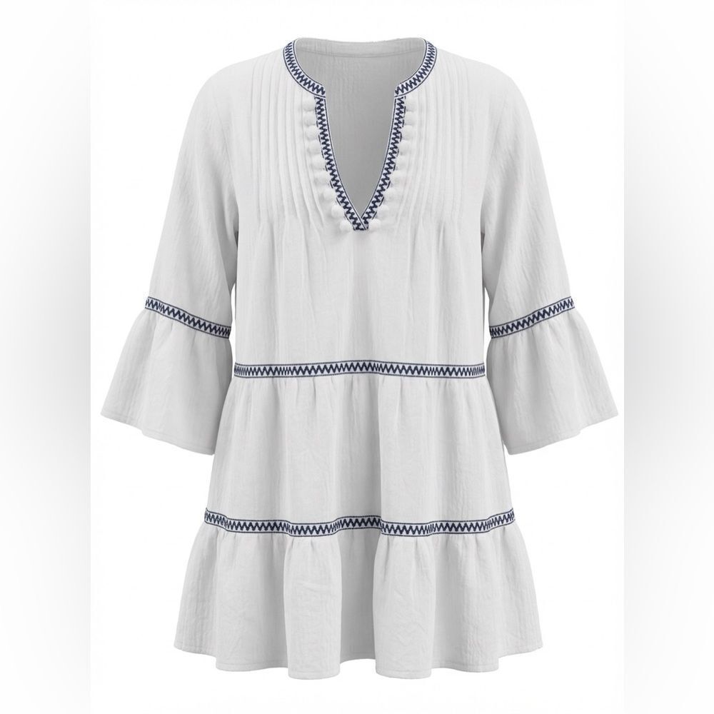 TOMMY BAHAMA WOMENS EMBROIDERED COTTON TIERED TUNIC WHITE WITH BLUE TRIM SIZE M